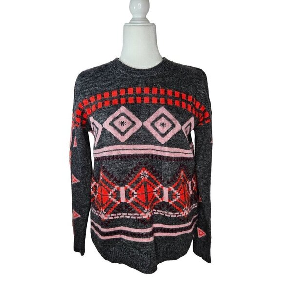 J. Crew Size Medium Abstract Fair Isle Gray Red Pink Wool Mohair Blend Sweater - Picture 1 of 11